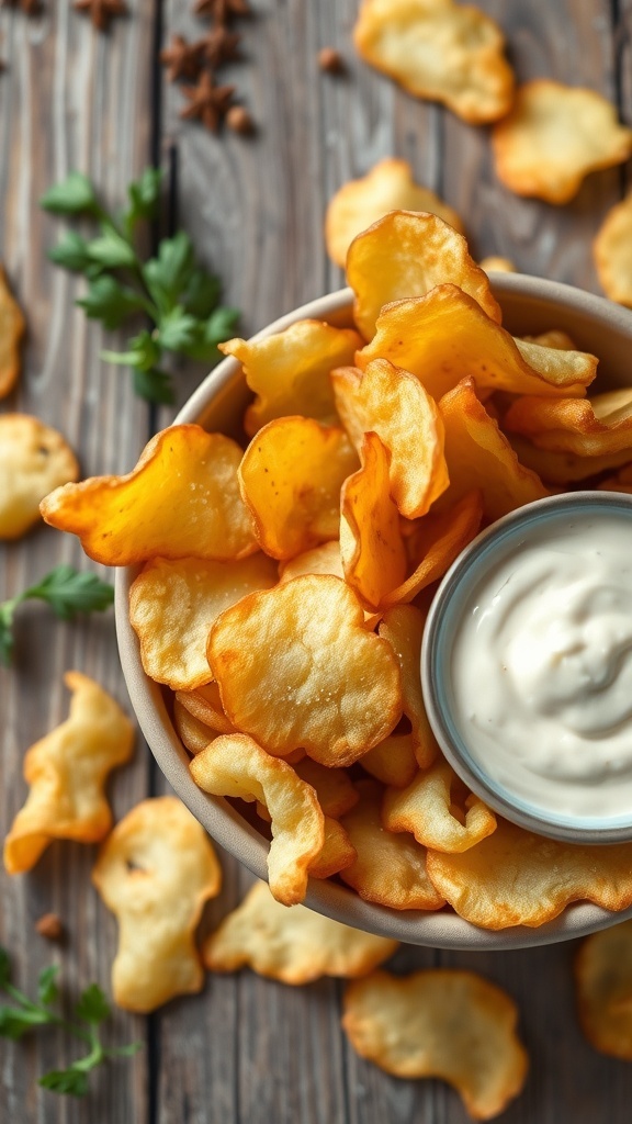 A bowl of crispy homemade potato chips with a creamy dip on a rustic wooden table.